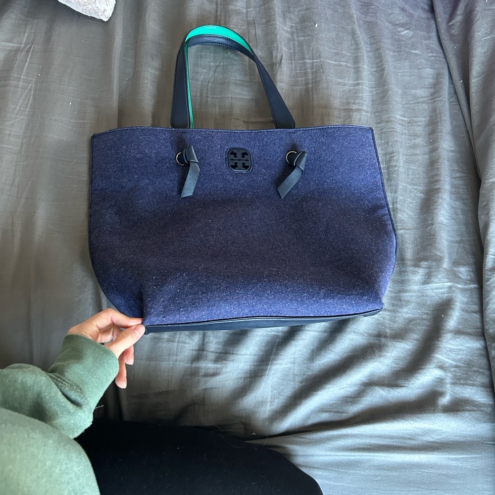 Tory Burch Navy and Teal Felt Colorblock Tote Bag - Picture 2 of 10